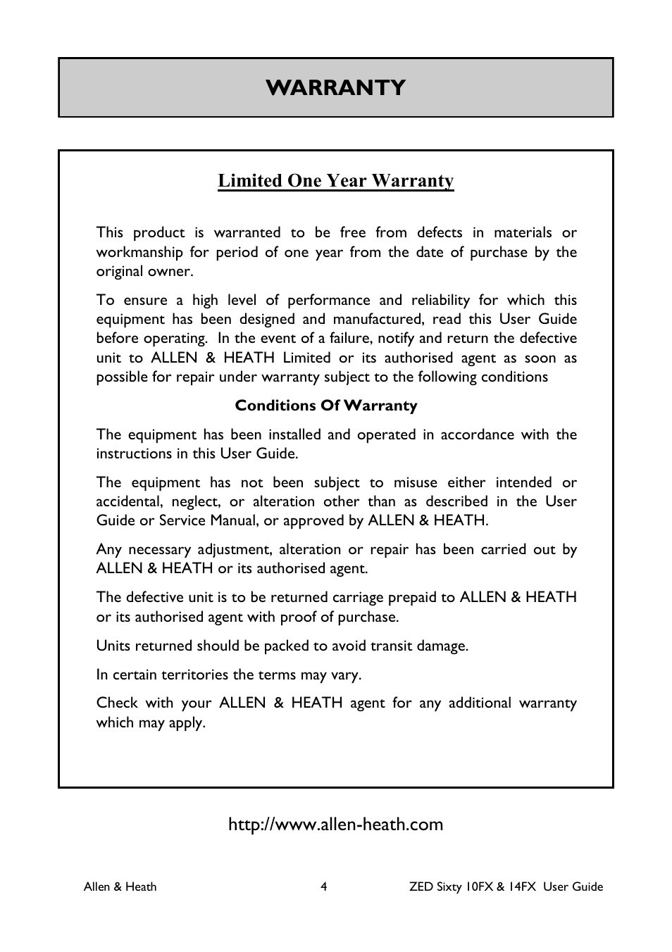 Warranty, Limited one year warranty | Allen&Heath ZED60-14FX User Manual | Page 4 / 36