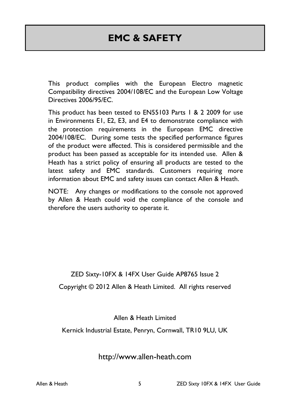 Emc & safety | Allen&Heath ZED60-14FX User Manual | Page 5 / 36