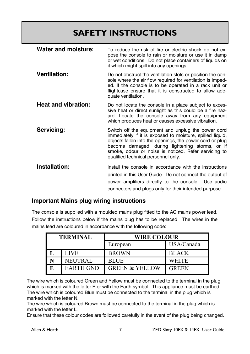 Safety instructions | Allen&Heath ZED60-14FX User Manual | Page 7 / 36