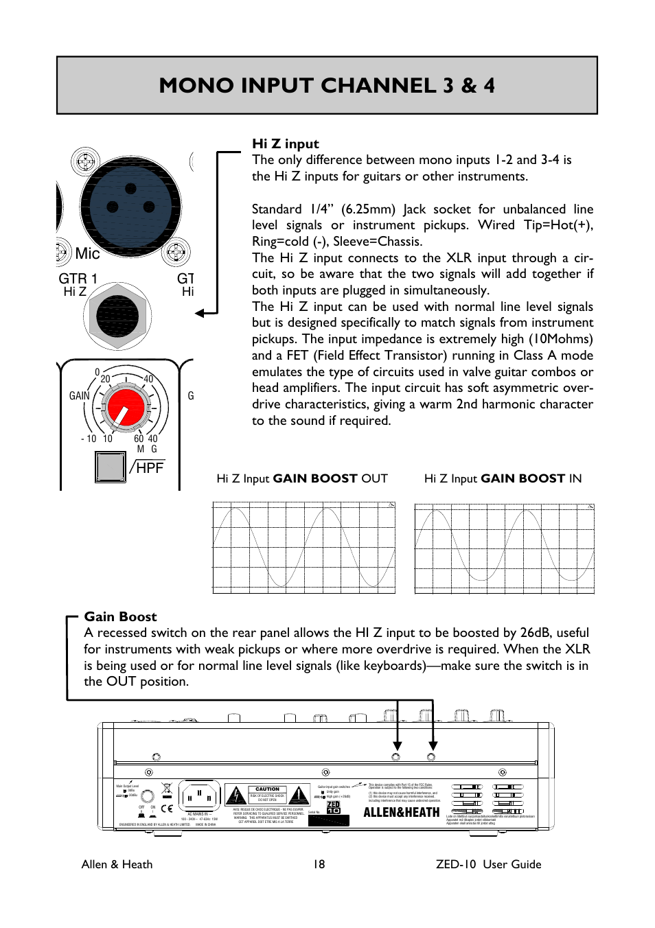 Mono input channel 3 & 4, Gtr 1, Gt hpf | Allen & heath 18 zed-10 user guide hi z, Hi z input gain boost out hi z input gain boost in, Allen&heath, Gain g | Allen&Heath ZED-10 User Manual | Page 18 / 32