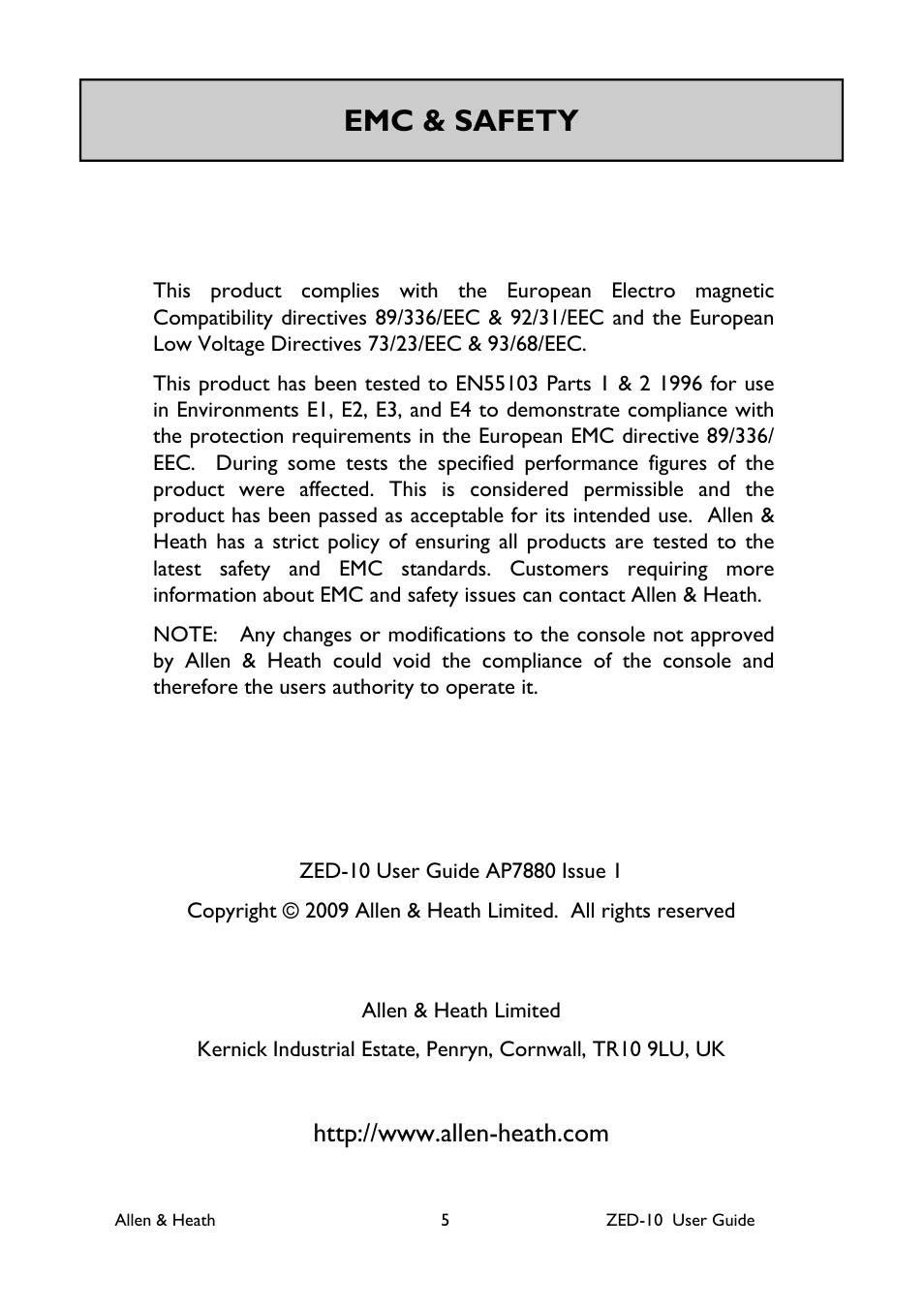 Emc & safety | Allen&Heath ZED-10 User Manual | Page 5 / 32