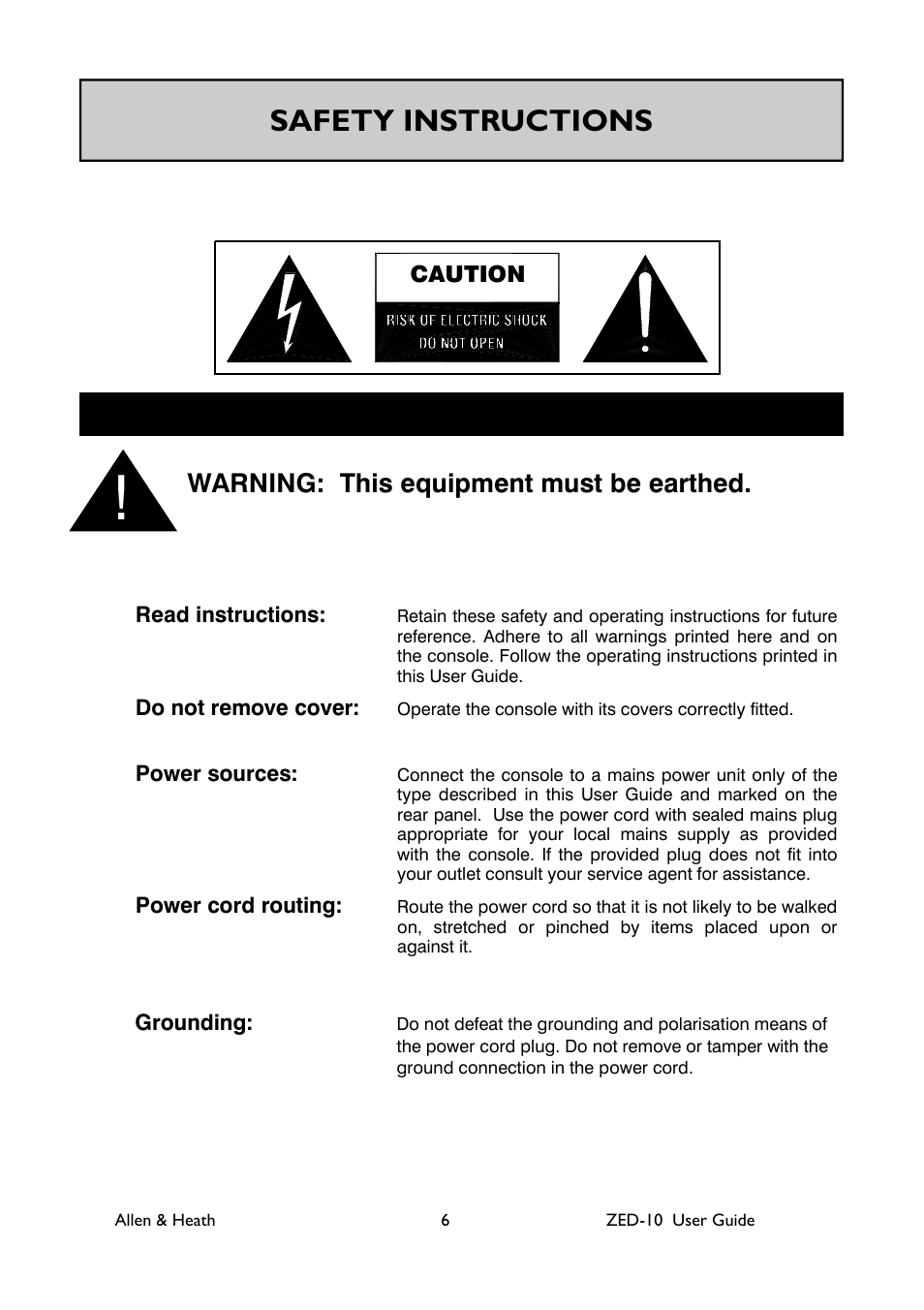 Safety instructions, Warning: this equipment must be earthed | Allen&Heath ZED-10 User Manual | Page 6 / 32