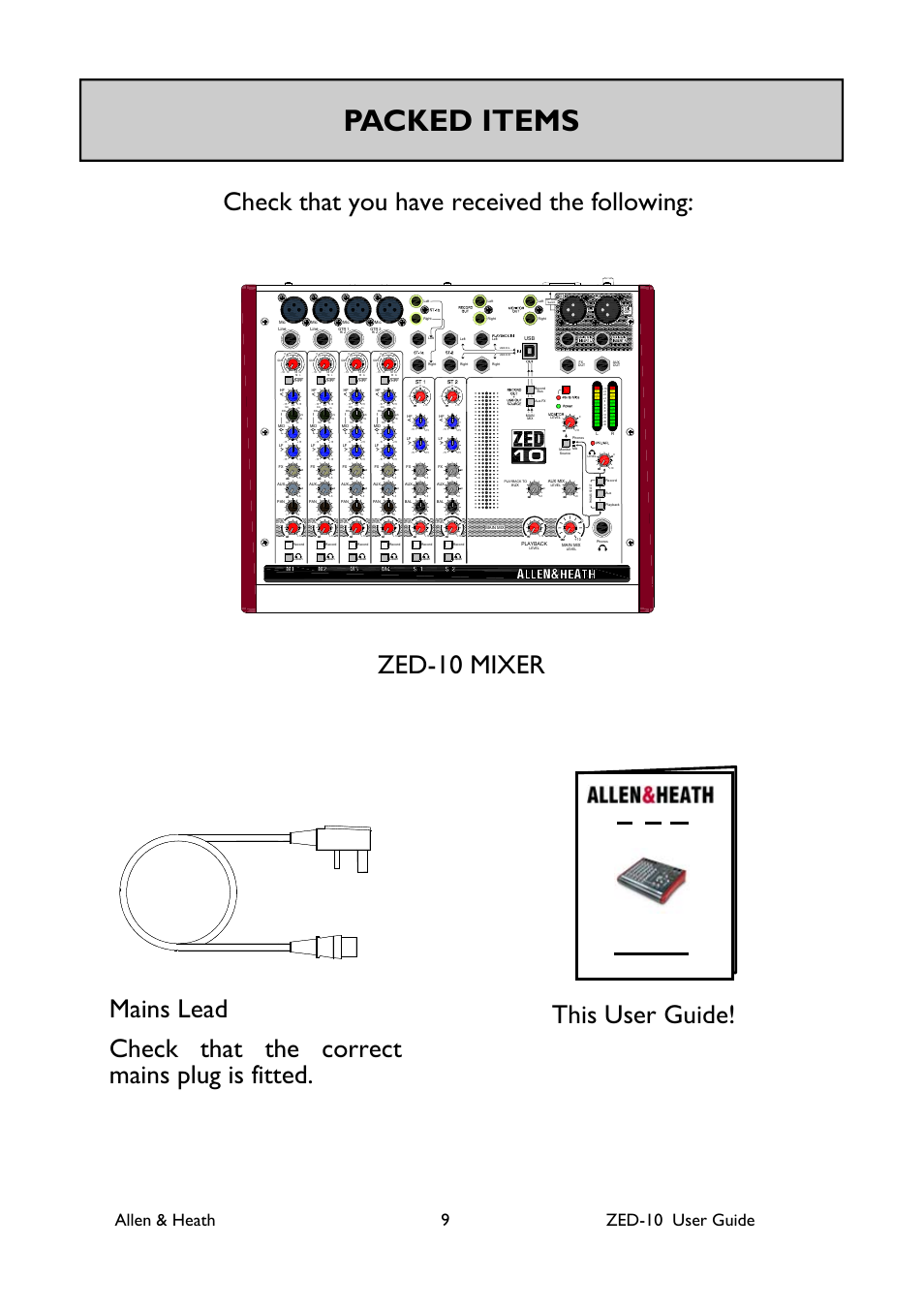 Packed items, This user guide, Allen & heath 9 zed-10 user guide | Allen&Heath ZED-10 User Manual | Page 9 / 32