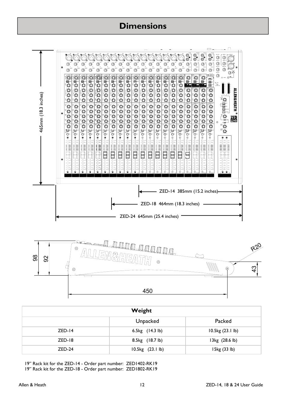 Dimensions, Weight, Unpacked | Packed, All en h eath | Allen&Heath ZED-18 User Manual | Page 12 / 32