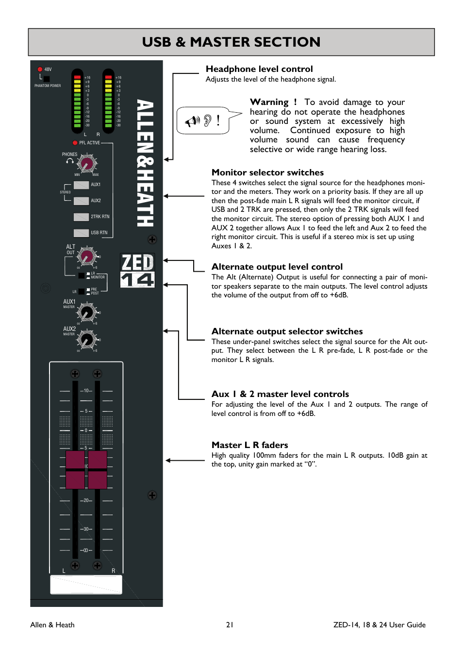 All en h eath, Alternate output level control, Headphone level control | Alternate output selector switches, Aux 1 & 2 master level controls, Master l r faders, Monitor selector switches, Adjusts the level of the headphone signal | Allen&Heath ZED-18 User Manual | Page 21 / 32