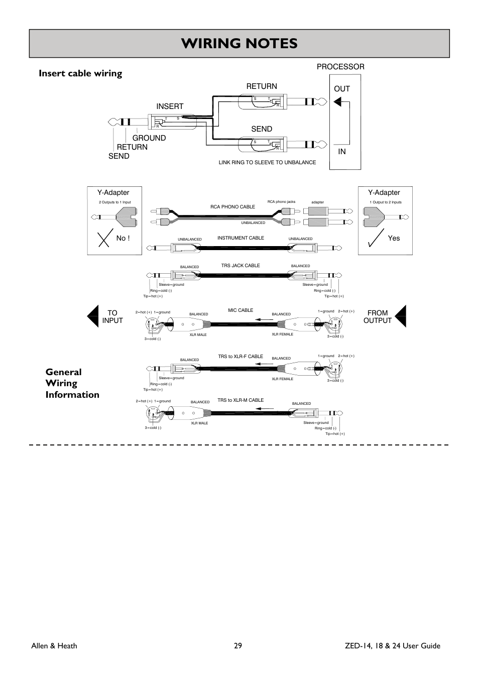 Insert cable wiring, General wiring information, Y-adapter no | Y-adapter yes | Allen&Heath ZED-18 User Manual | Page 29 / 32