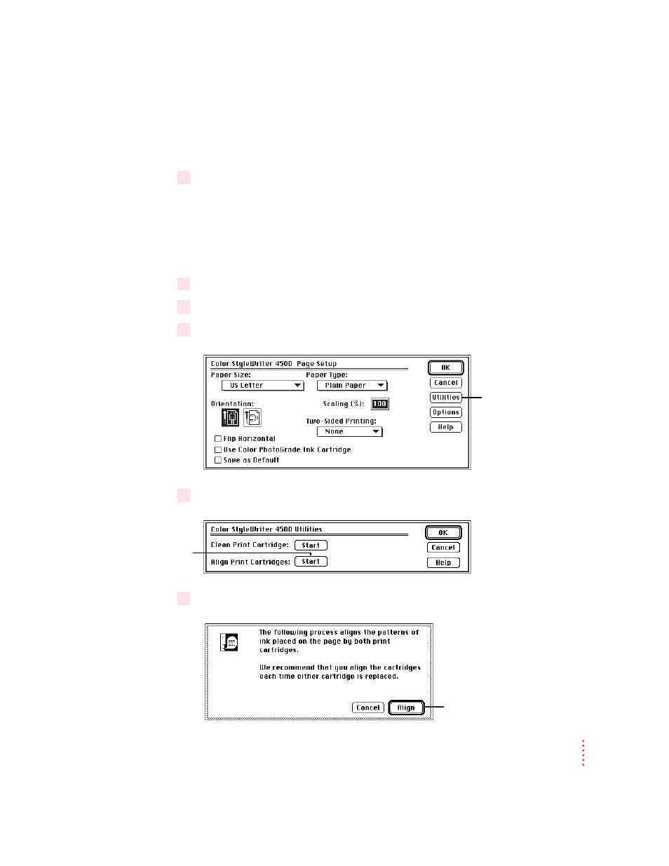 Aligning the ink cartridges | Apple Color StyleWriter 4500 User Manual | Page 21 / 137