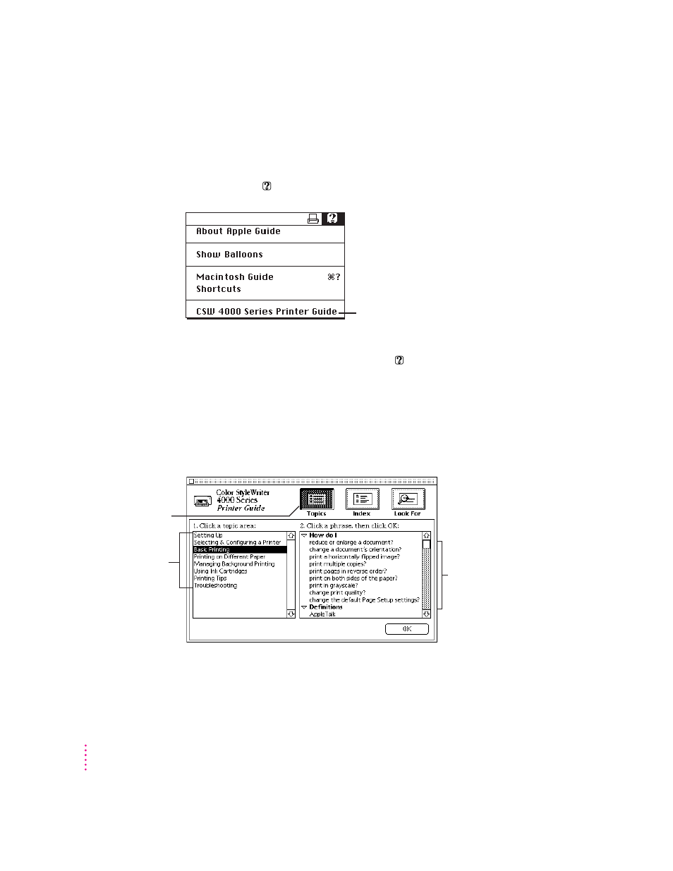 Using onscreen help | Apple Color StyleWriter 4500 User Manual | Page 24 / 137