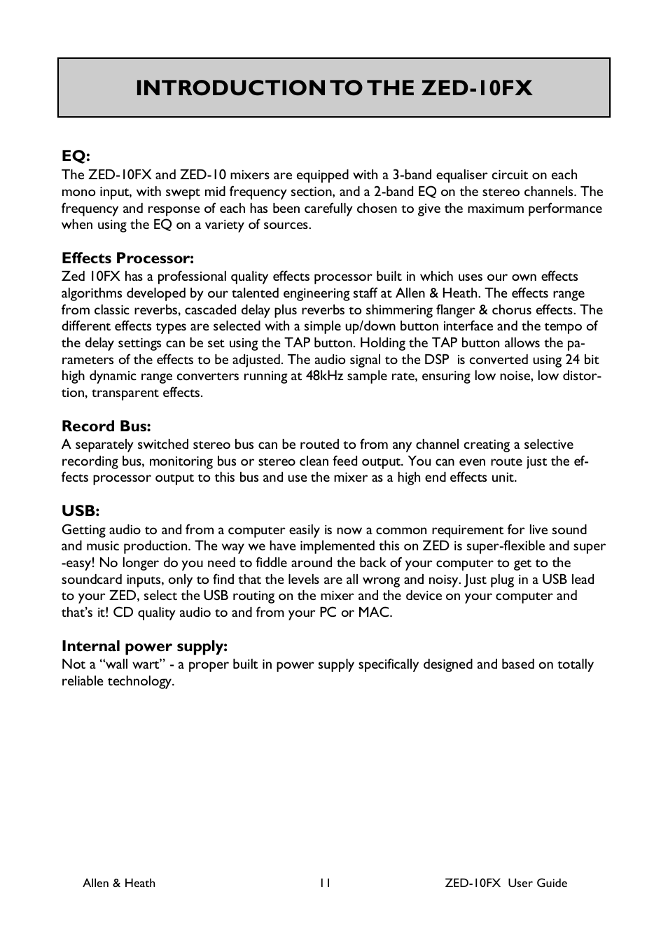 Introduction to the zed-10fx | Allen&Heath ZED-10FX User Manual | Page 11 / 32