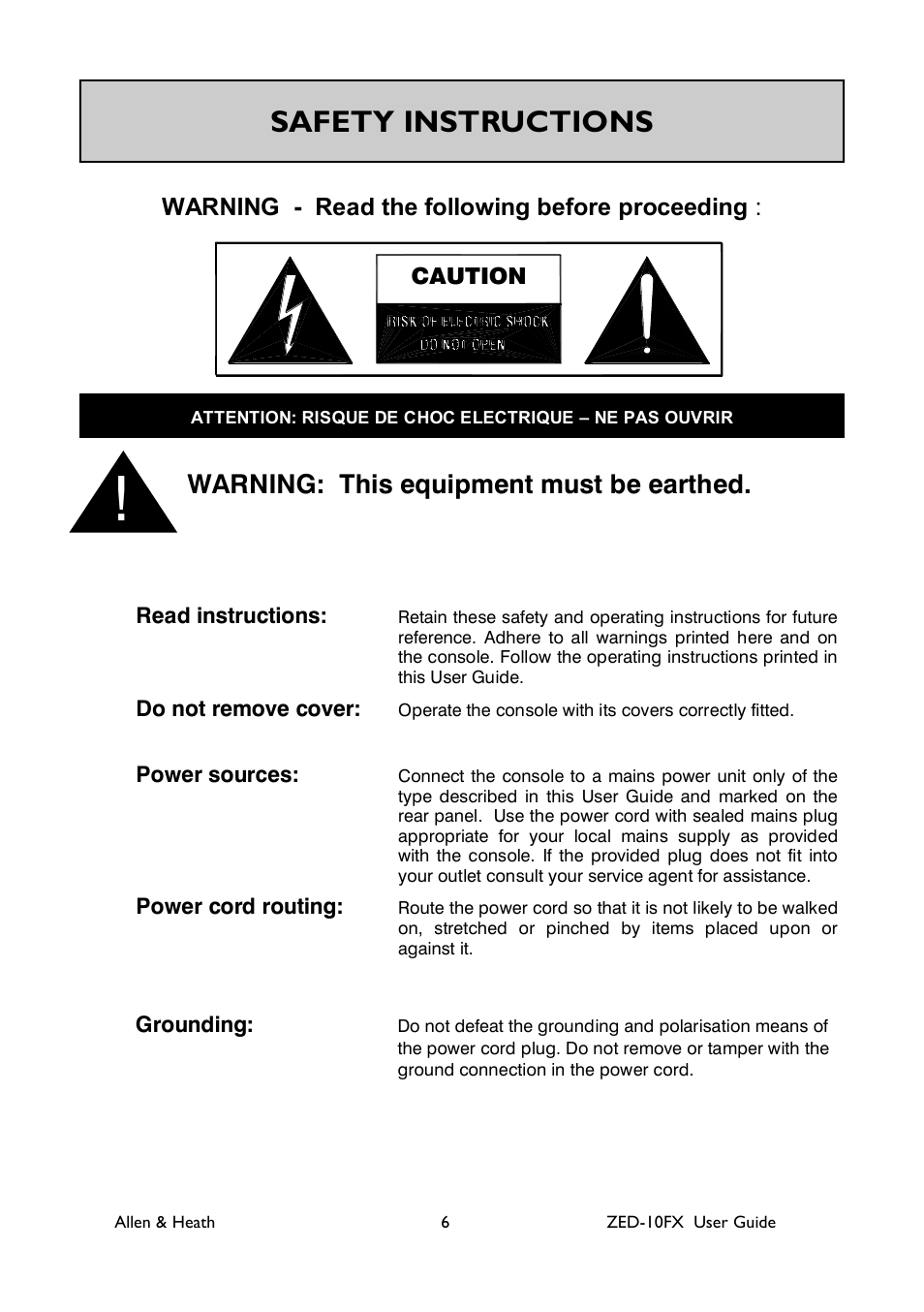 Safety instructions, Warning: this equipment must be earthed, Warning - read the following before proceeding | Caution, Read instructions, Do not remove cover, Power sources, Power cord routing, Grounding | Allen&Heath ZED-10FX User Manual | Page 6 / 32