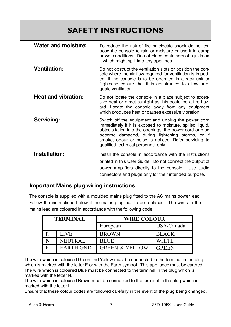 Safety instructions | Allen&Heath ZED-10FX User Manual | Page 7 / 32