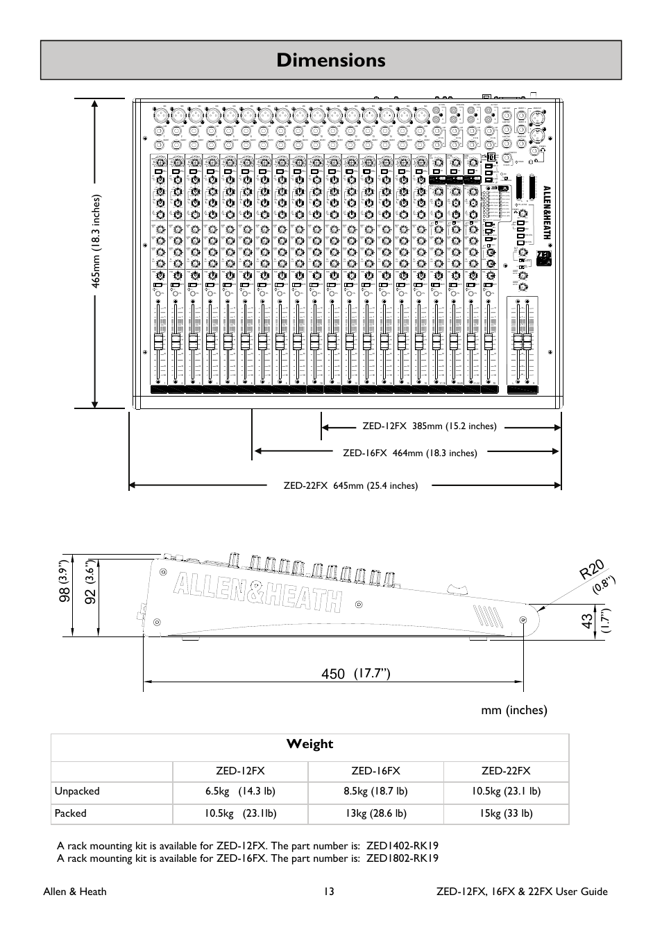 Dimensions, Weight, Mm (inches) | Al le n h ea th | Allen&Heath ZED-16FX User Manual | Page 13 / 36