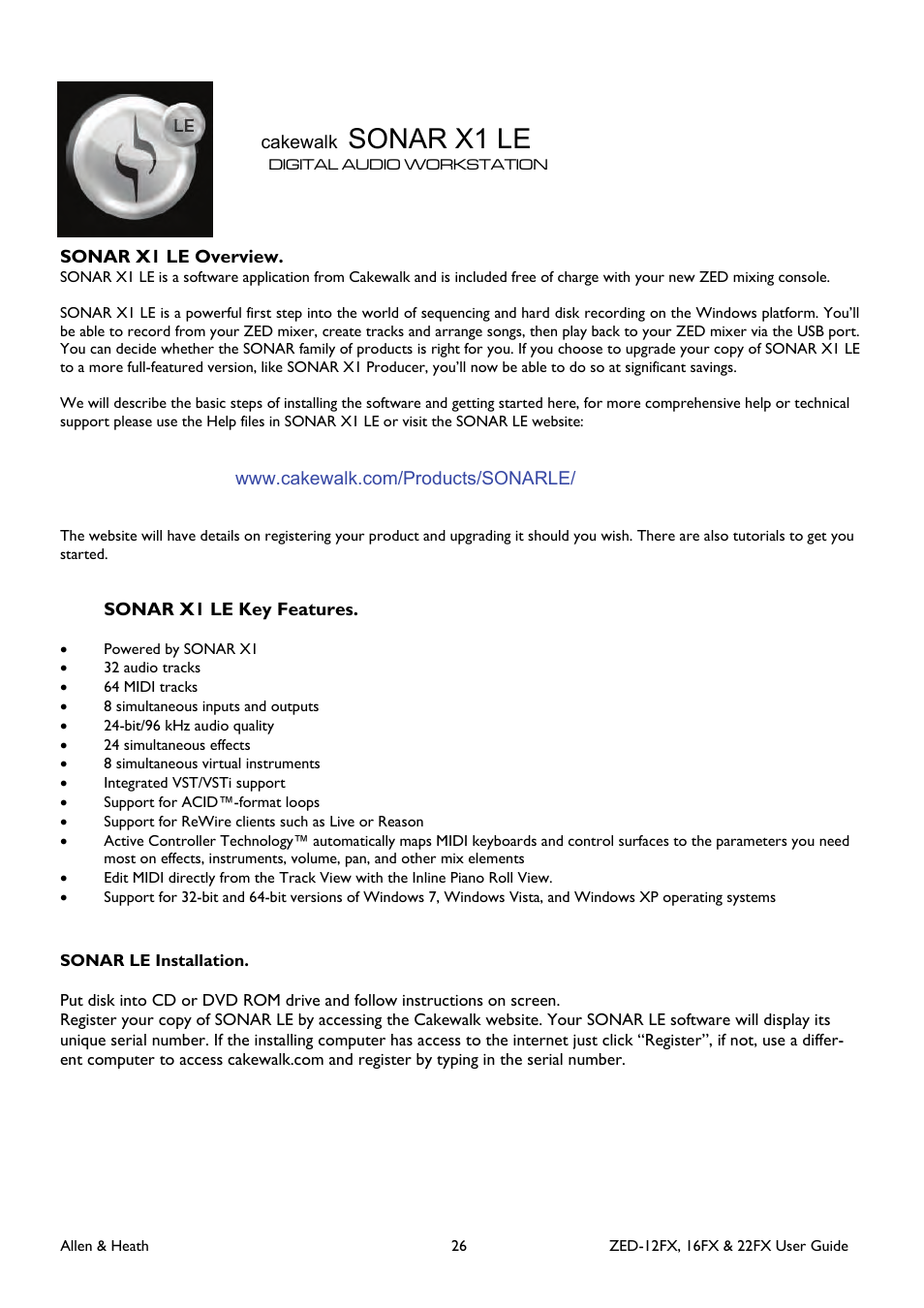 Sonar x1 le | Allen&Heath ZED-16FX User Manual | Page 26 / 36