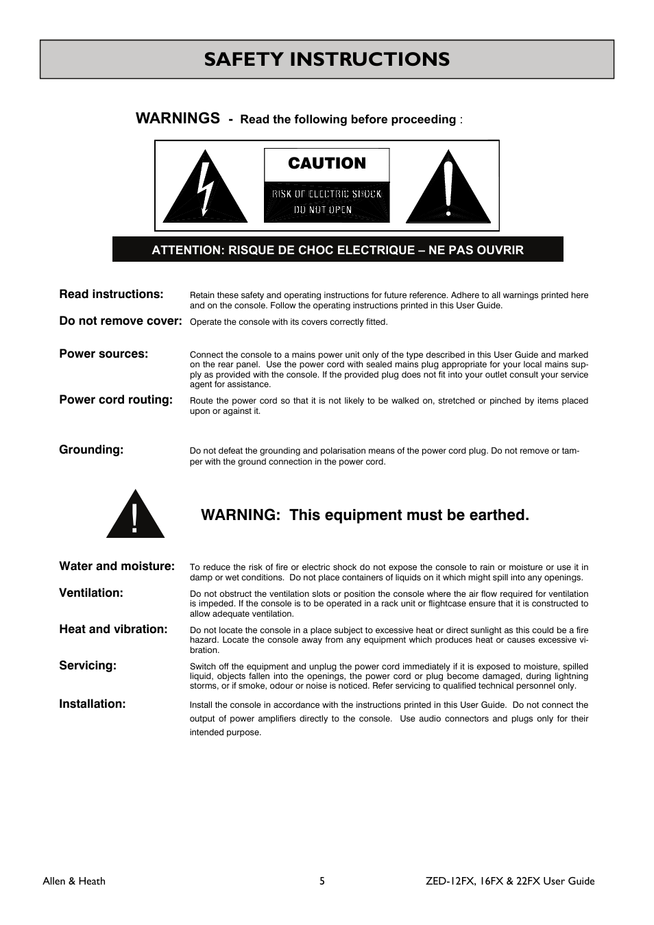 Warnings - read the following before proceeding, Safety instructions, Warnings | Caution, Warning: this equipment must be earthed | Allen&Heath ZED-16FX User Manual | Page 5 / 36