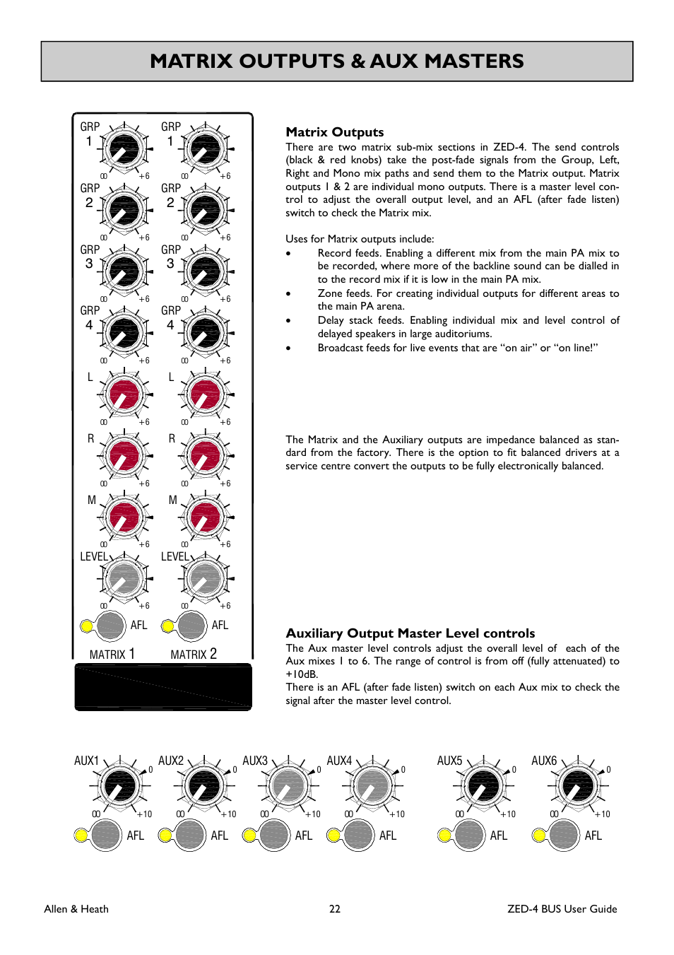 Matrix outputs & aux masters, Matrix outputs, Auxiliary output master level controls | Allen&Heath ZED-436 User Manual | Page 22 / 36