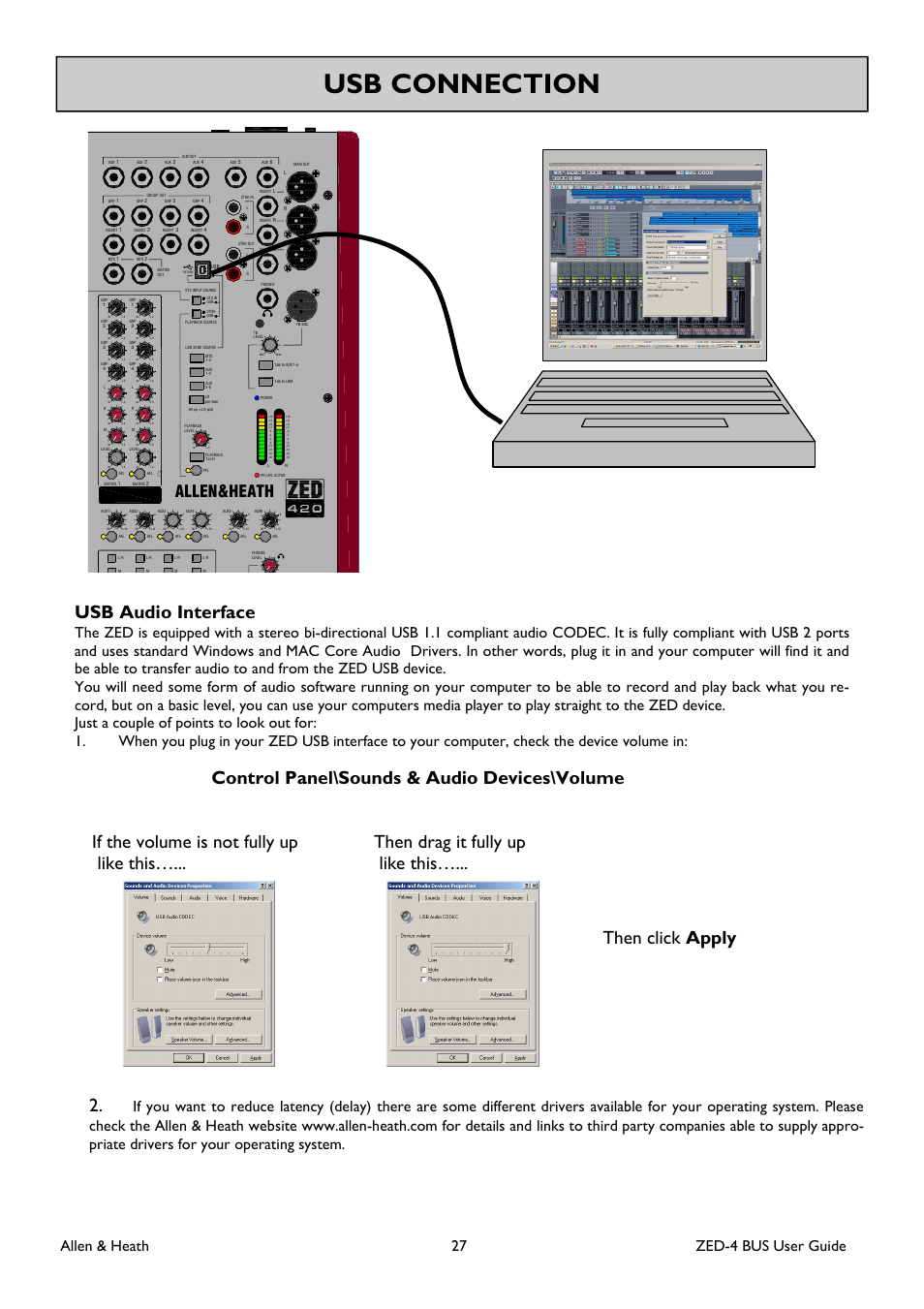 Usb connection, Allen&heath, Allen & heath 27 zed-4 bus user guide | Allen&Heath ZED-436 User Manual | Page 27 / 36