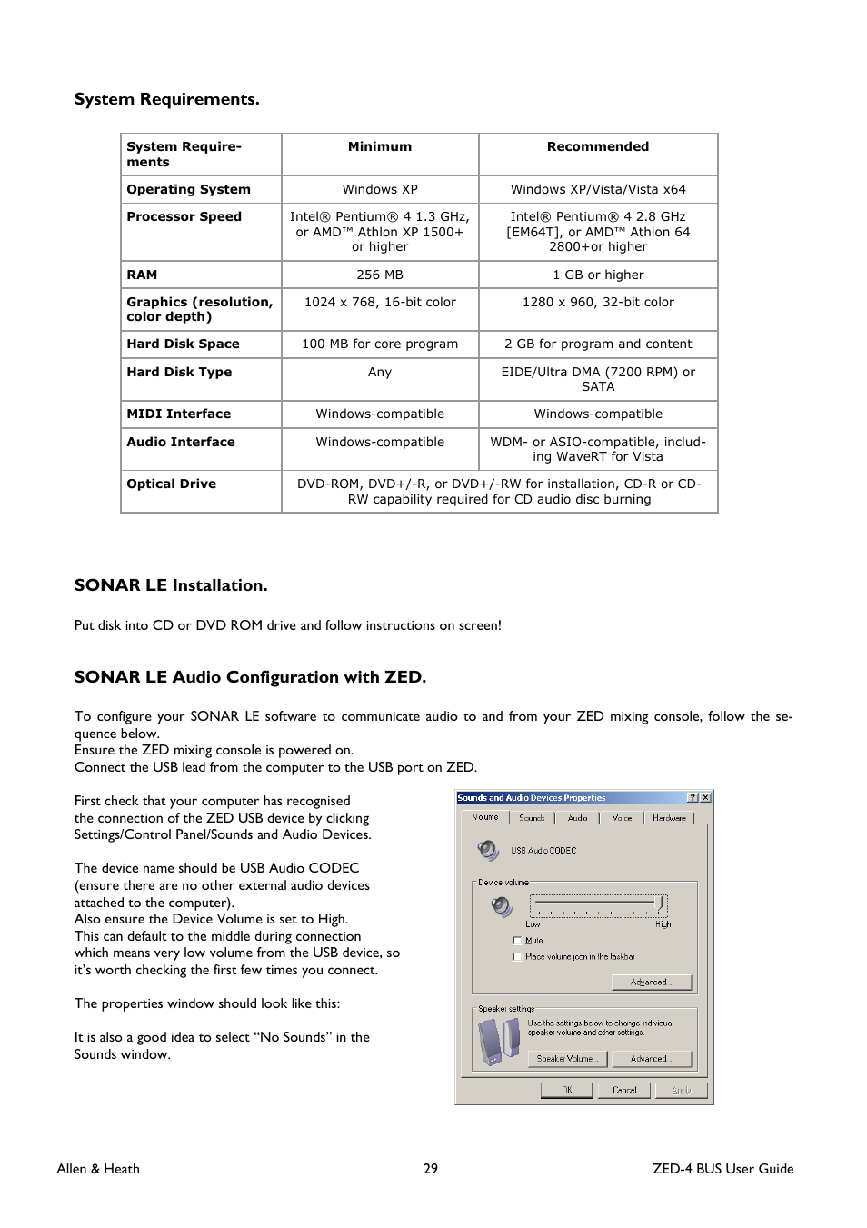System requirements. sonar le installation, Sonar le audio configuration with zed | Allen&Heath ZED-436 User Manual | Page 29 / 36