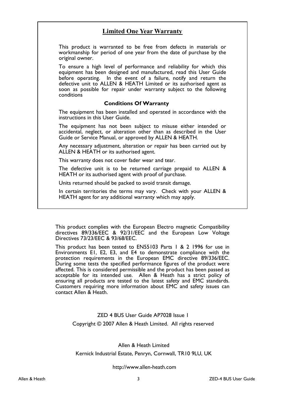 Limited one year warranty | Allen&Heath ZED-436 User Manual | Page 3 / 36