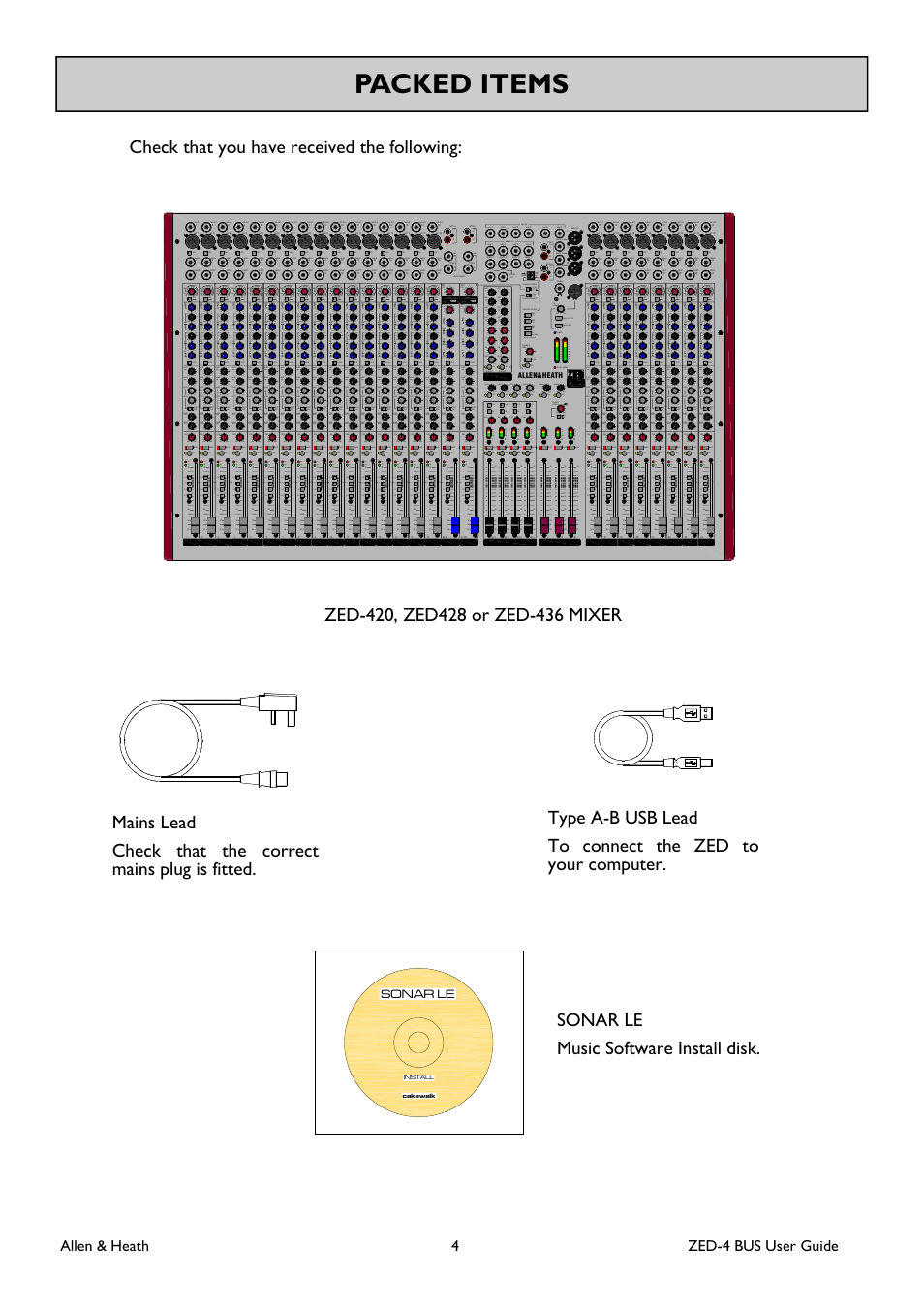Packed items | Allen&Heath ZED-436 User Manual | Page 4 / 36