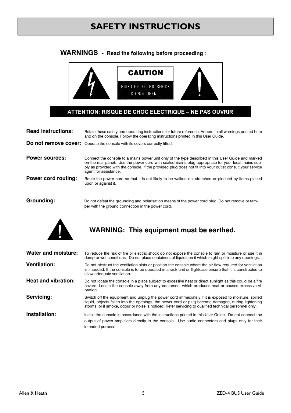 Safety instructions, Warnings, Caution | Warning: this equipment must be earthed | Allen&Heath ZED-436 User Manual | Page 5 / 36