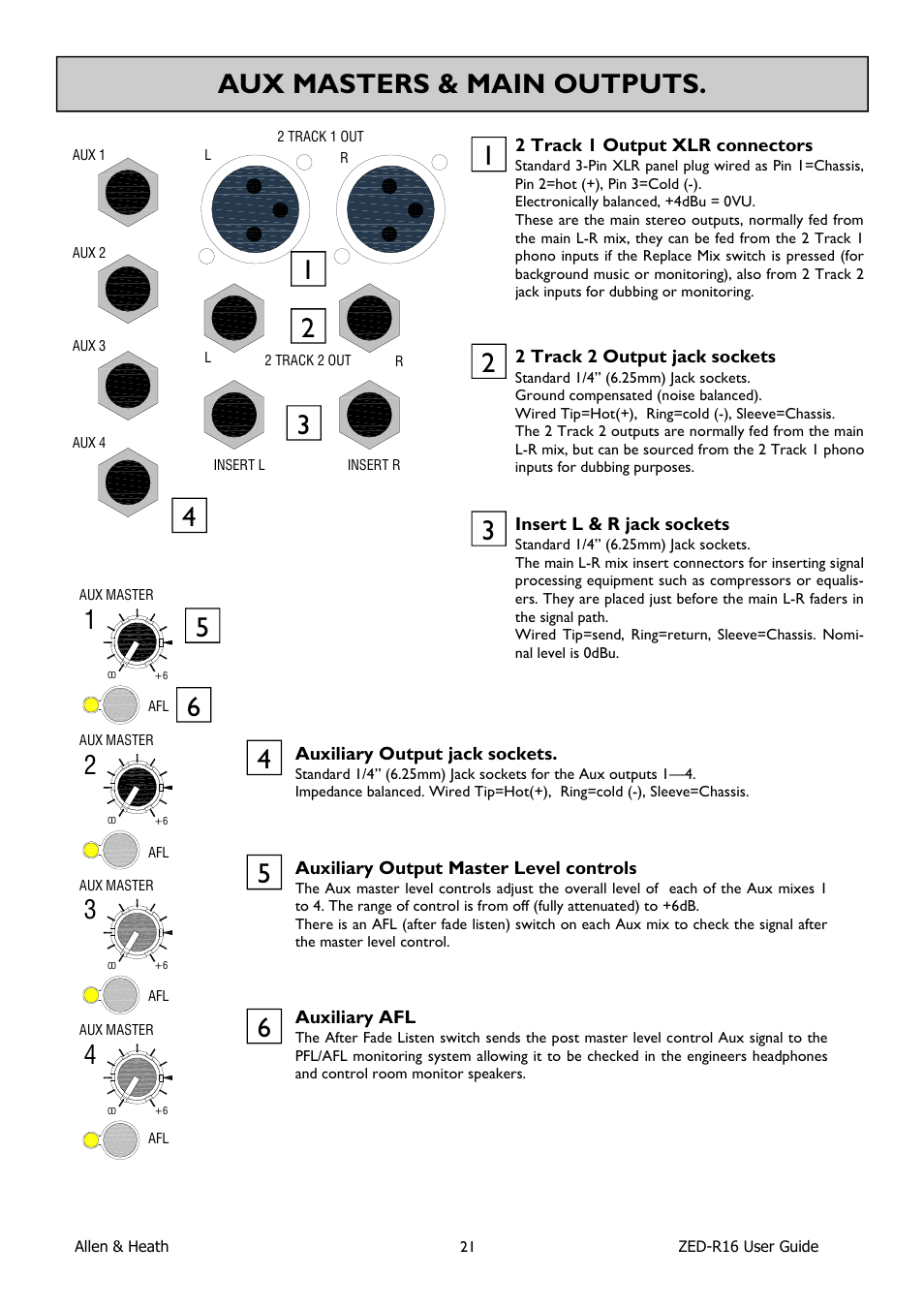 Aux masters & main outputs | Allen&Heath ZED-R16 User Manual | Page 21 / 52