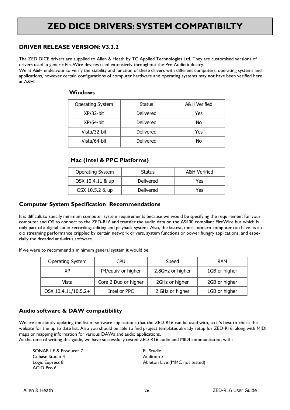 Zed dice drivers: system compatibilty, Driver release version: v3.3.2, Windows | Mac (intel & ppc platforms), Computer system specification recommendations, Audio software & daw compatibility | Allen&Heath ZED-R16 User Manual | Page 26 / 52
