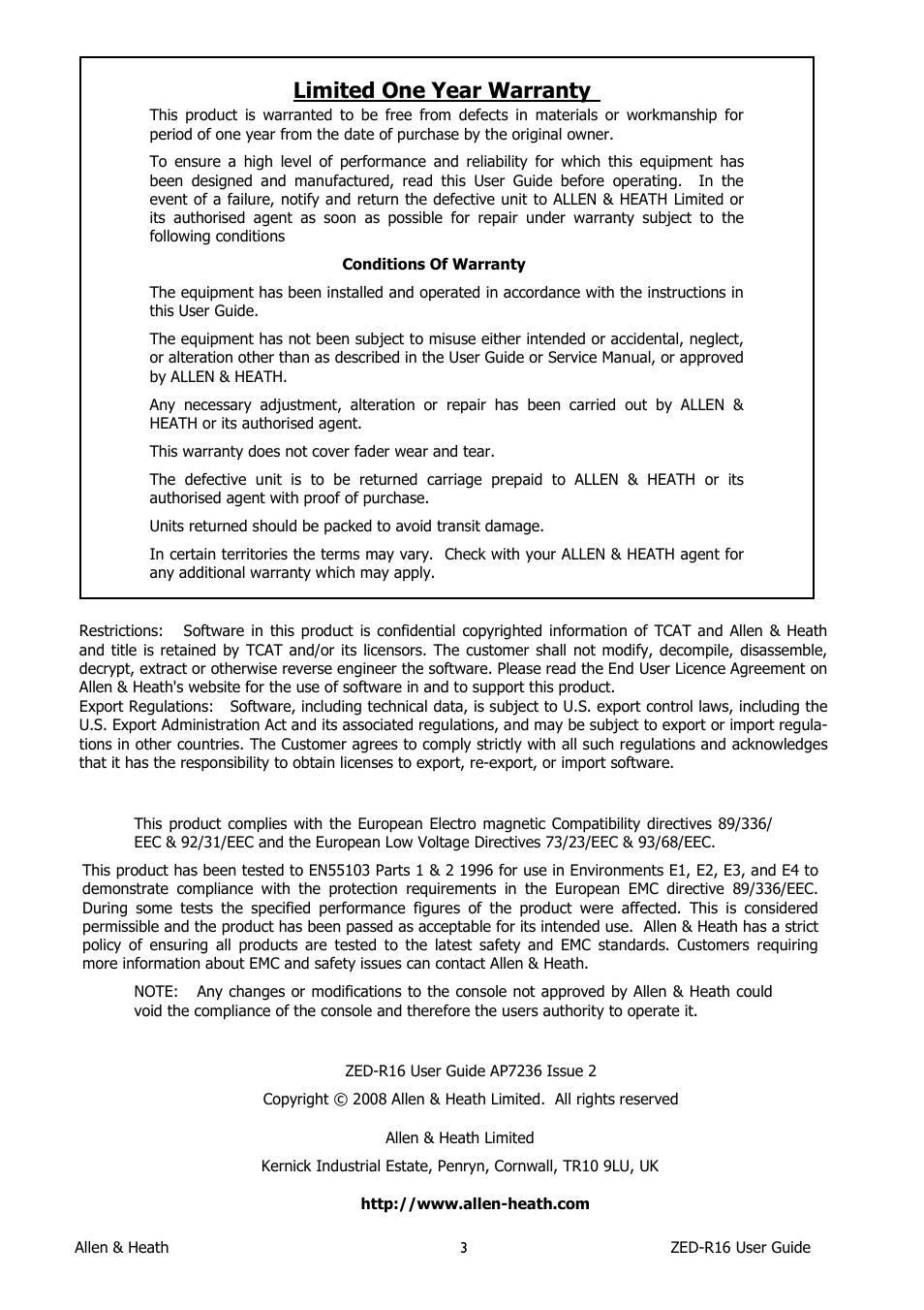 Limited one year warranty | Allen&Heath ZED-R16 User Manual | Page 3 / 52