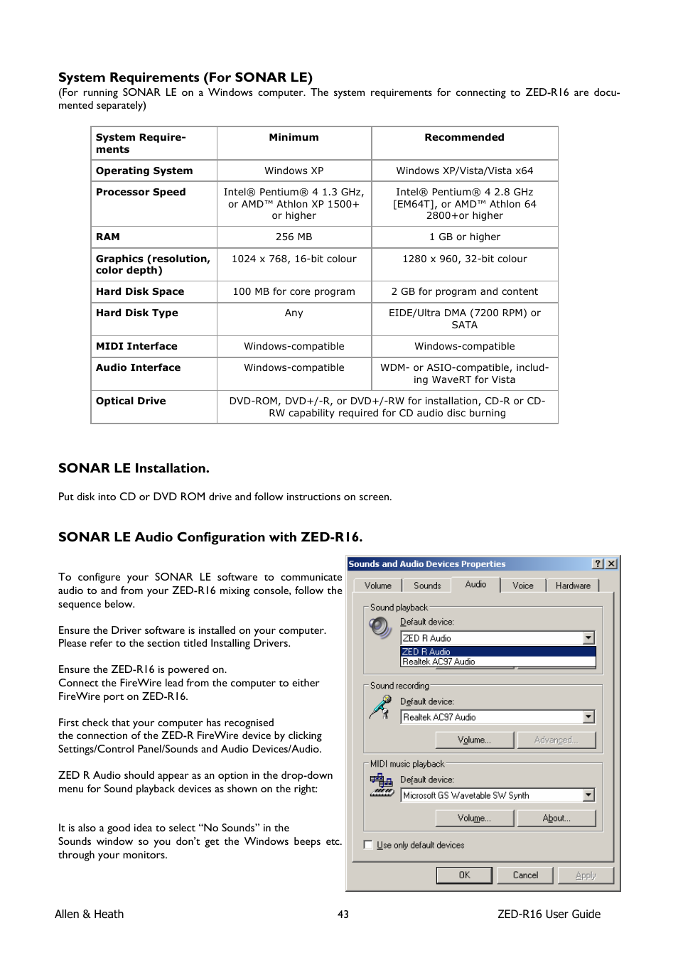 System requirements (for sonar le), Sonar le installation, Sonar le audio configuration with zed-r16 | Allen&Heath ZED-R16 User Manual | Page 43 / 52