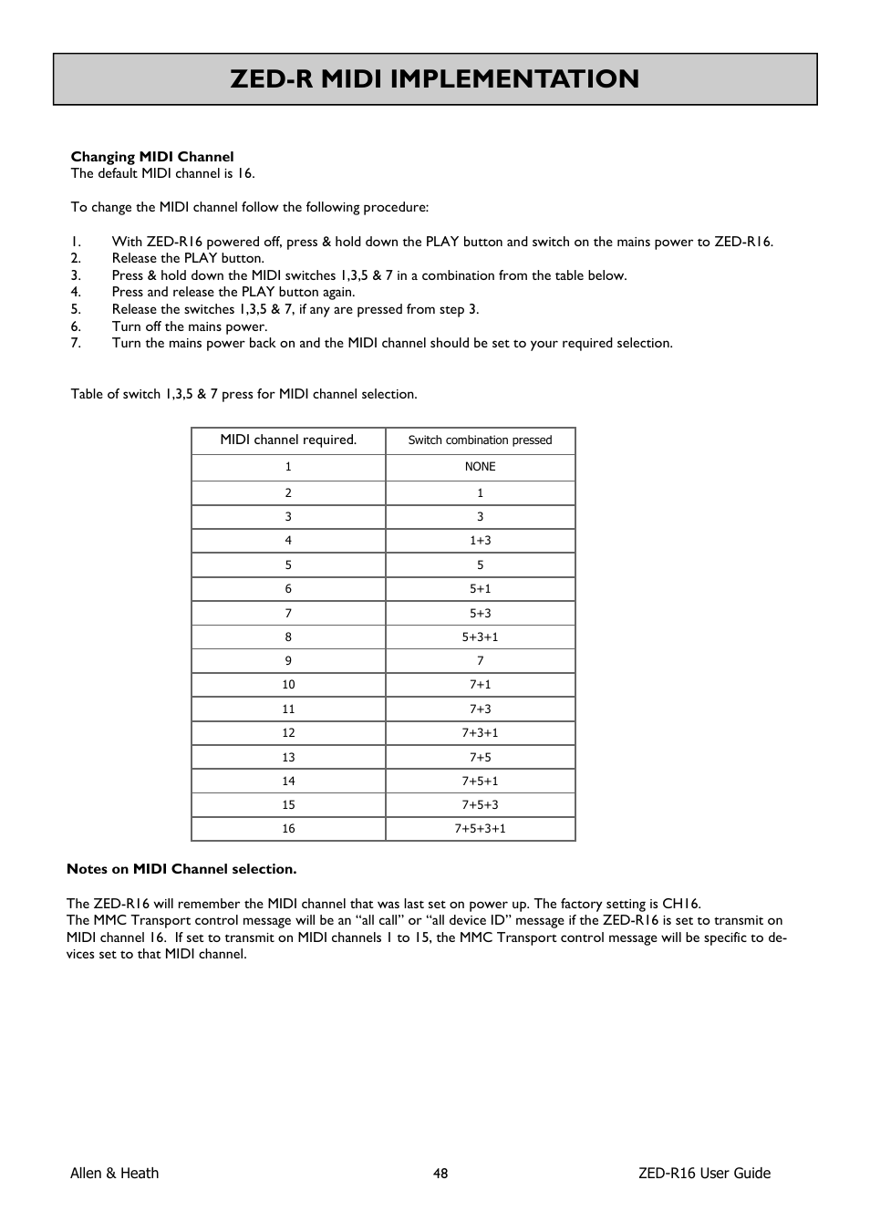 Zed-r midi implementation | Allen&Heath ZED-R16 User Manual | Page 48 / 52
