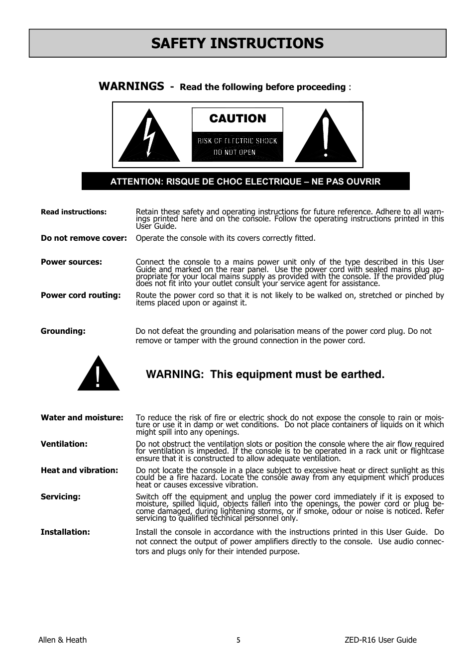 Safety instructions, Warnings, Caution | Warning: this equipment must be earthed | Allen&Heath ZED-R16 User Manual | Page 5 / 52
