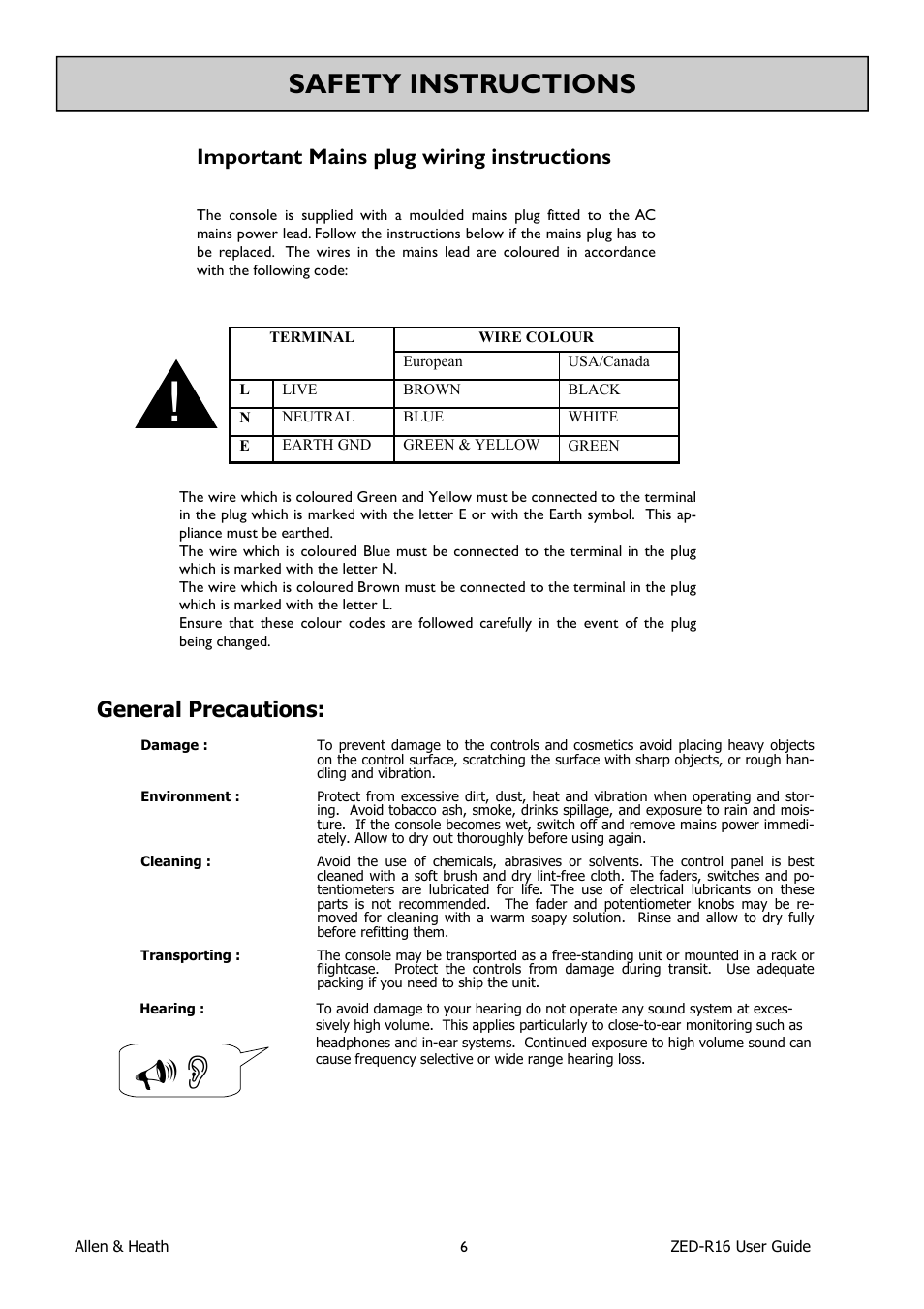 Safety instructions, Important mains plug wiring instructions, General precautions | Allen&Heath ZED-R16 User Manual | Page 6 / 52