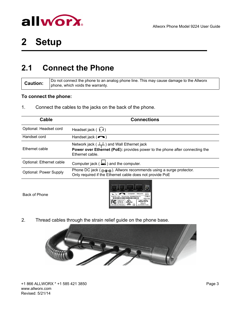 2 setup, 1 connect the phone, Setup | Connect the phone | Allworx 9224 Phones User Manual | Page 11 / 52