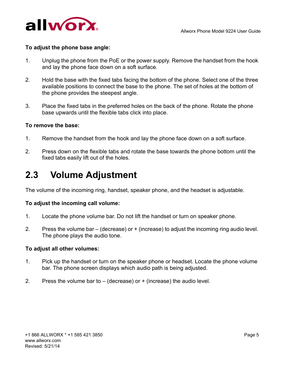 3 volume adjustment, Volume adjustment | Allworx 9224 Phones User Manual | Page 13 / 52