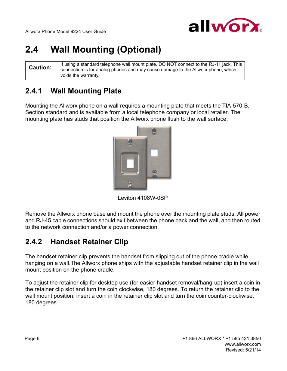 4 wall mounting (optional), 1 wall mounting plate, 2 handset retainer clip | Wall mounting (optional), Wall mounting plate handset retainer clip | Allworx 9224 Phones User Manual | Page 14 / 52