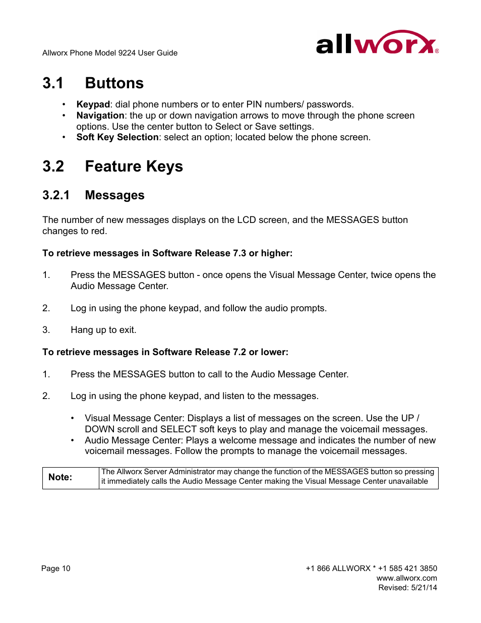 1 buttons, 2 feature keys, 1 messages | Buttons feature keys, Messages | Allworx 9224 Phones User Manual | Page 18 / 52