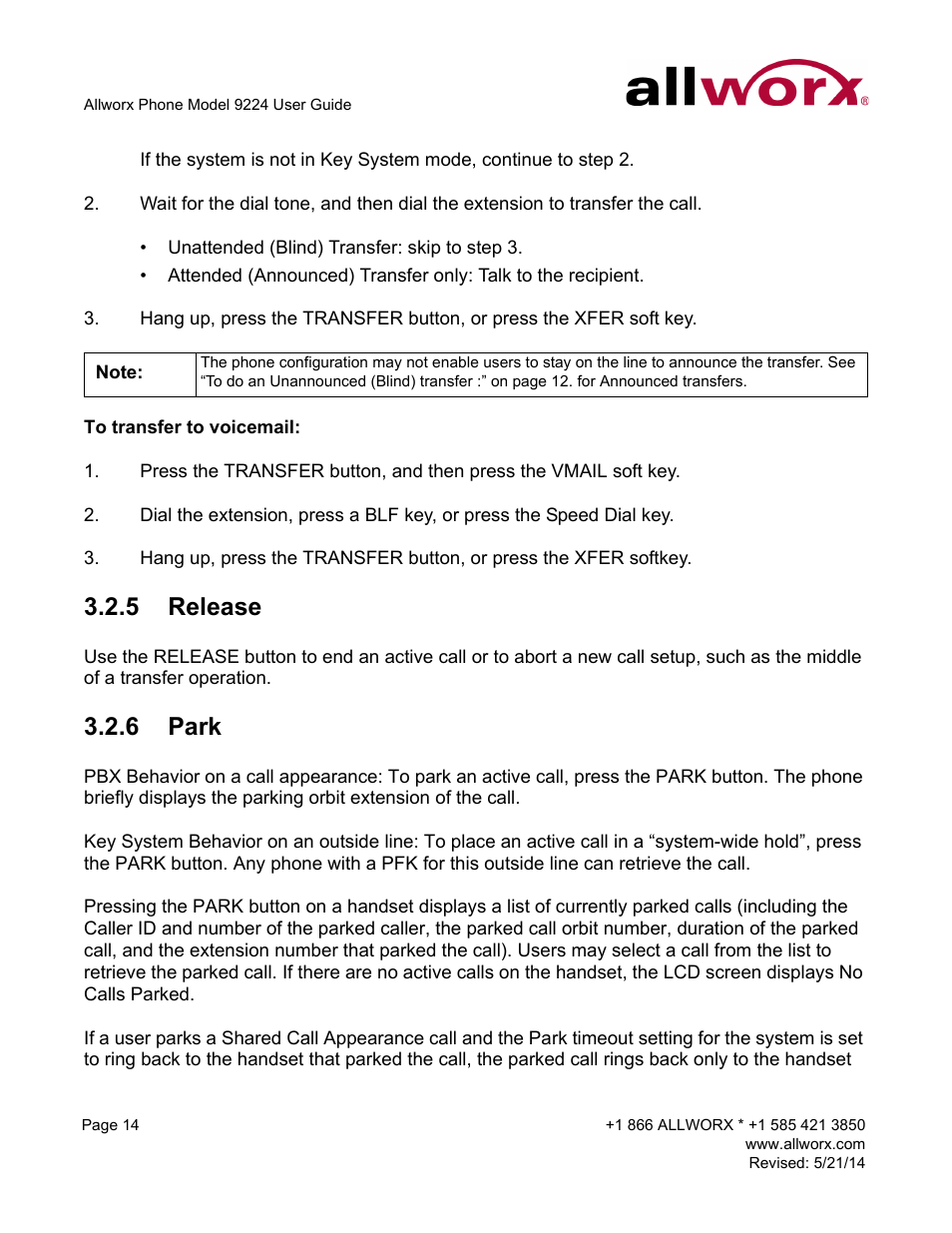 5 release, 6 park, Release park | Allworx 9224 Phones User Manual | Page 22 / 52