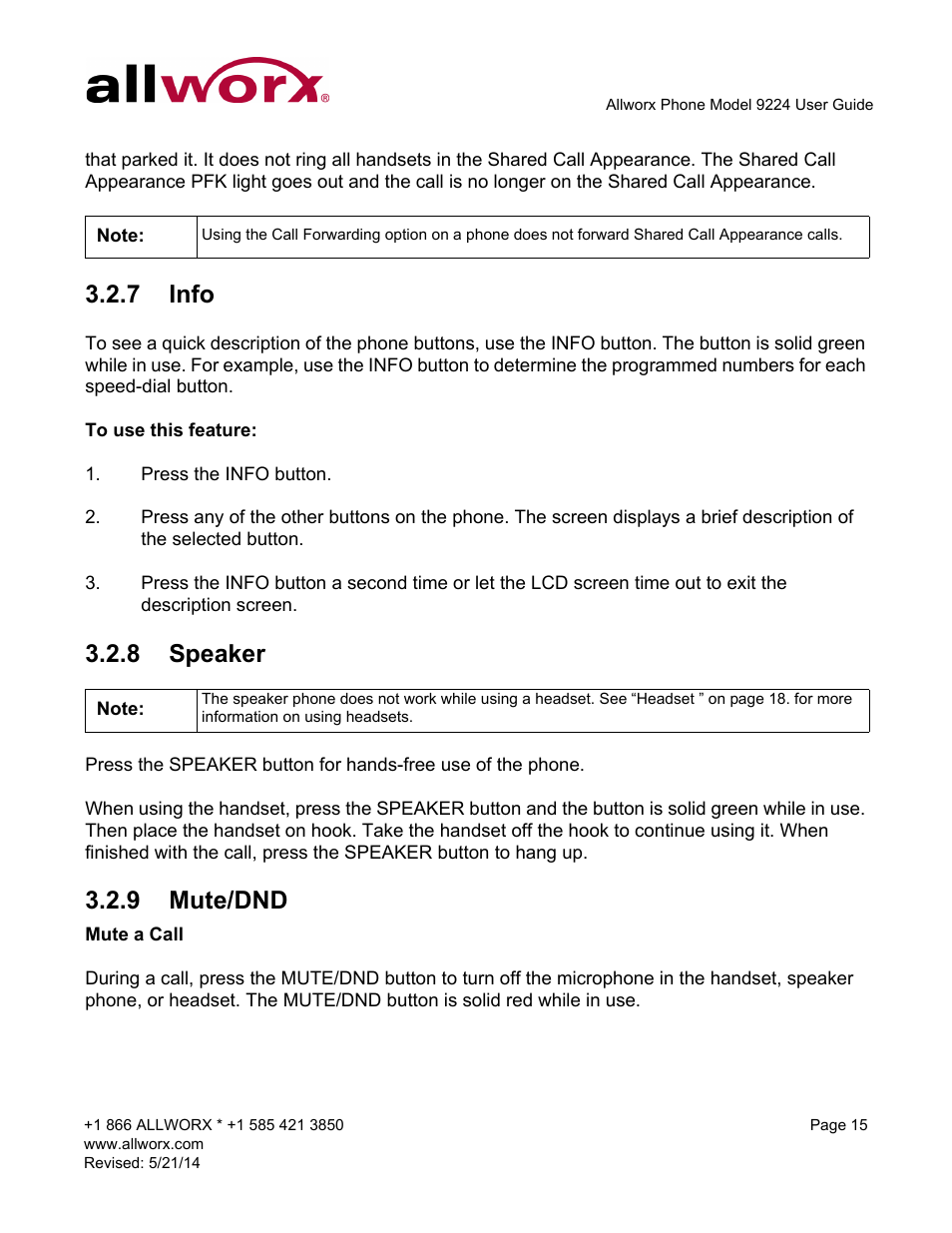 7 info, 8 speaker, 9 mute/dnd | Info speaker mute/dnd | Allworx 9224 Phones User Manual | Page 23 / 52