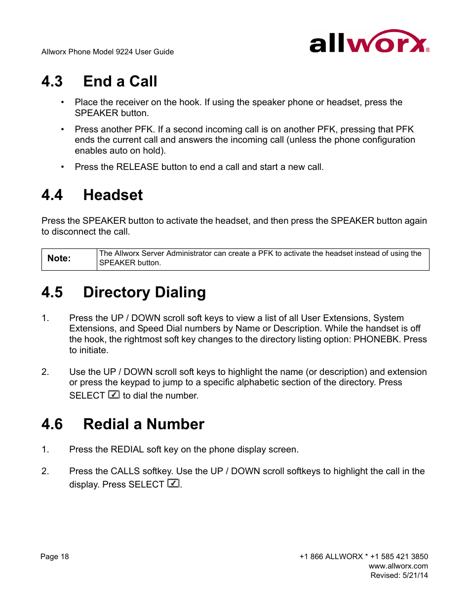 3 end a call, 4 headset, 5 directory dialing | 6 redial a number, End a call headset directory dialing, Redial a number | Allworx 9224 Phones User Manual | Page 26 / 52