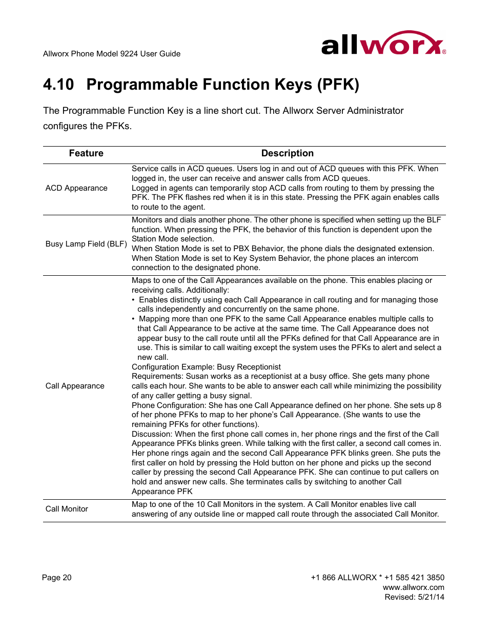 10 programmable function keys (pfk), Programmable function keys (pfk) | Allworx 9224 Phones User Manual | Page 28 / 52