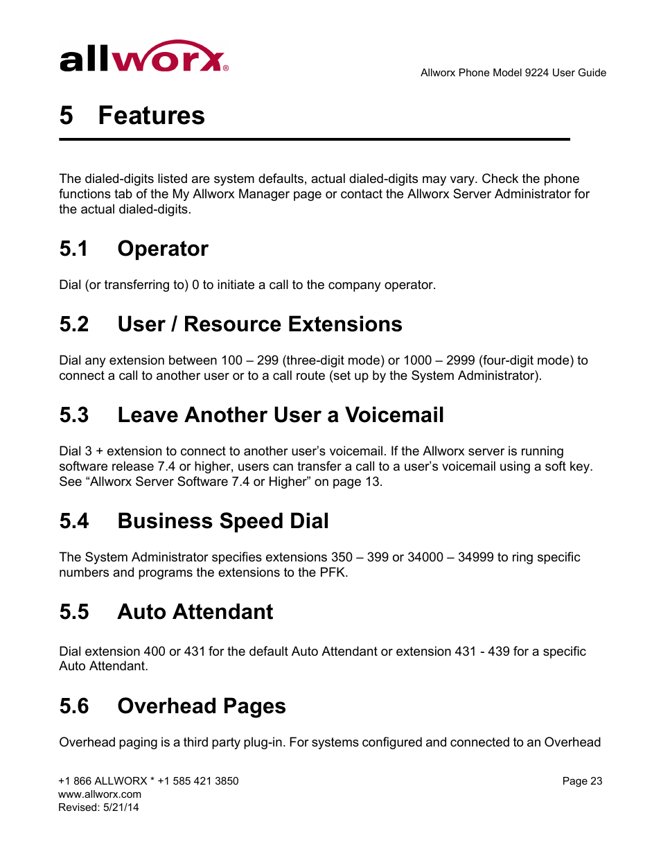 5 features, 1 operator, 2 user / resource extensions | 3 leave another user a voicemail, 4 business speed dial, 5 auto attendant, Features, 6 overhead pages | Allworx 9224 Phones User Manual | Page 31 / 52