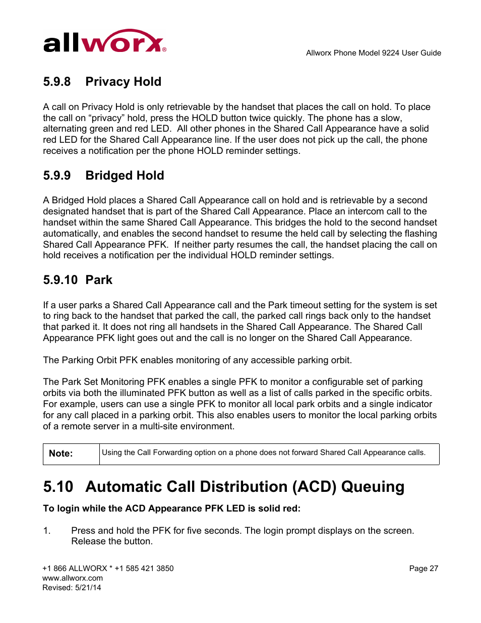 8 privacy hold, 9 bridged hold, 10 park | 10 automatic call distribution (acd) queuing, Privacy hold bridged hold park, Automatic call distribution (acd) queuing | Allworx 9224 Phones User Manual | Page 35 / 52