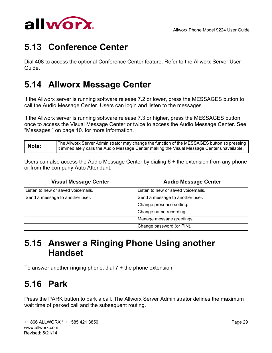 13 conference center, 14 allworx message center, 15 answer a ringing phone using another handset | 16 park | Allworx 9224 Phones User Manual | Page 37 / 52