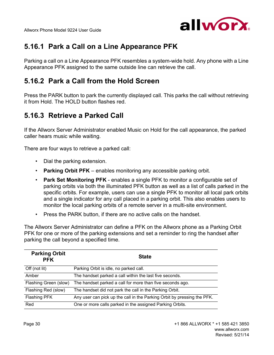 1 park a call on a line appearance pfk, 2 park a call from the hold screen, 3 retrieve a parked call | Park a call on a line appearance pfk | Allworx 9224 Phones User Manual | Page 38 / 52