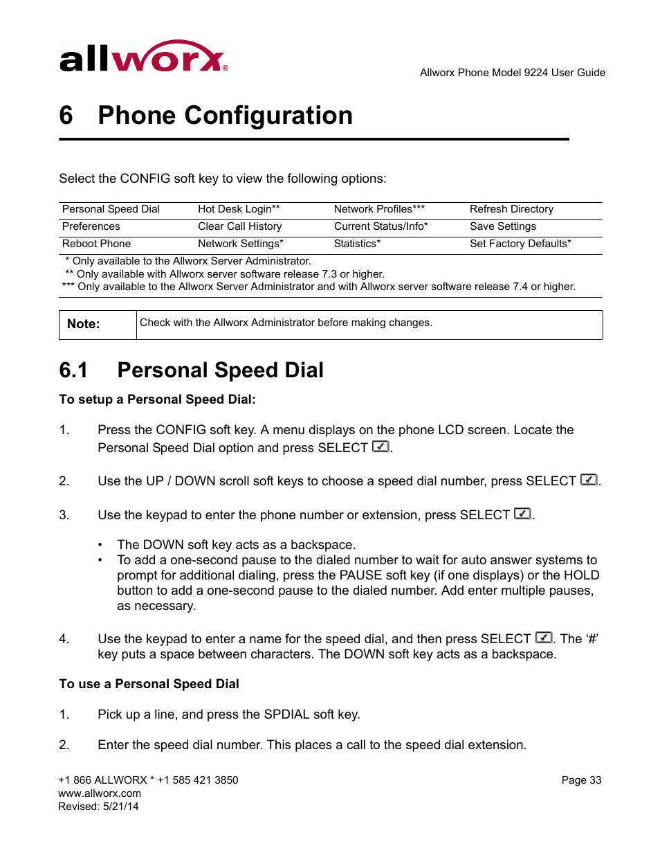 6 phone configuration, 1 personal speed dial, Phone configuration | Personal speed dial | Allworx 9224 Phones User Manual | Page 41 / 52