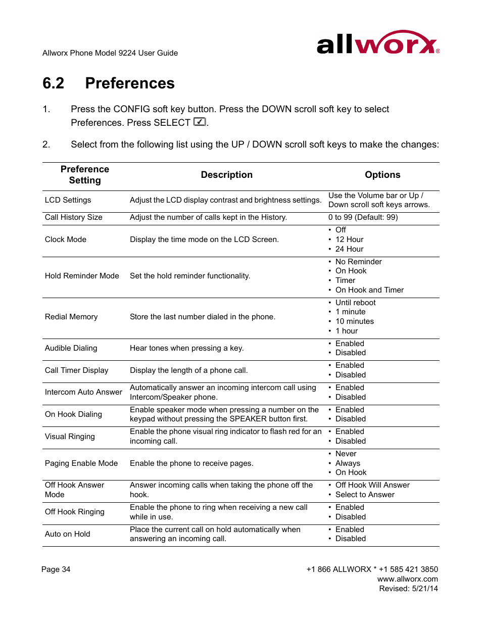 2 preferences, Preferences | Allworx 9224 Phones User Manual | Page 42 / 52