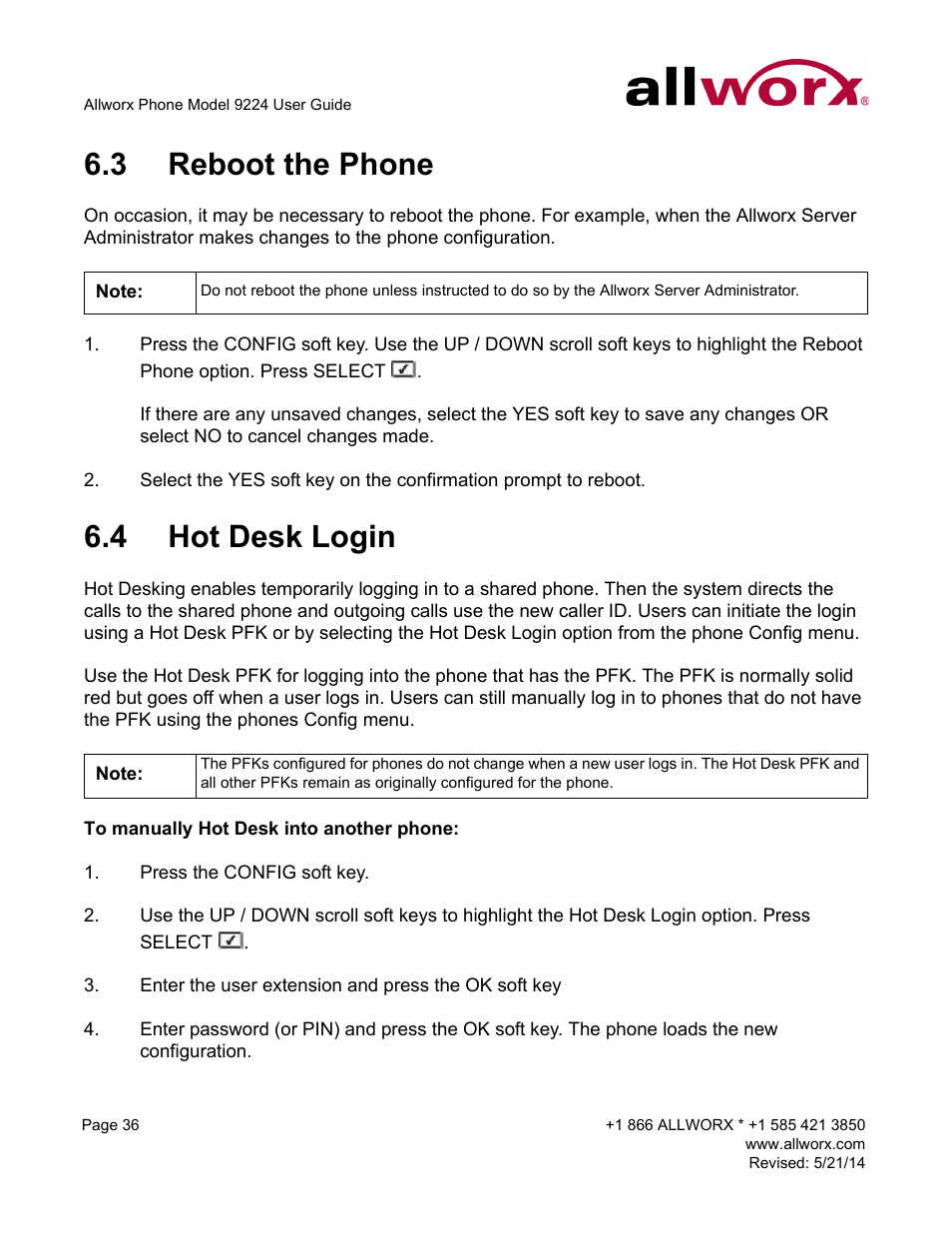 3 reboot the phone, 4 hot desk login, Reboot the phone hot desk login | Allworx 9224 Phones User Manual | Page 44 / 52