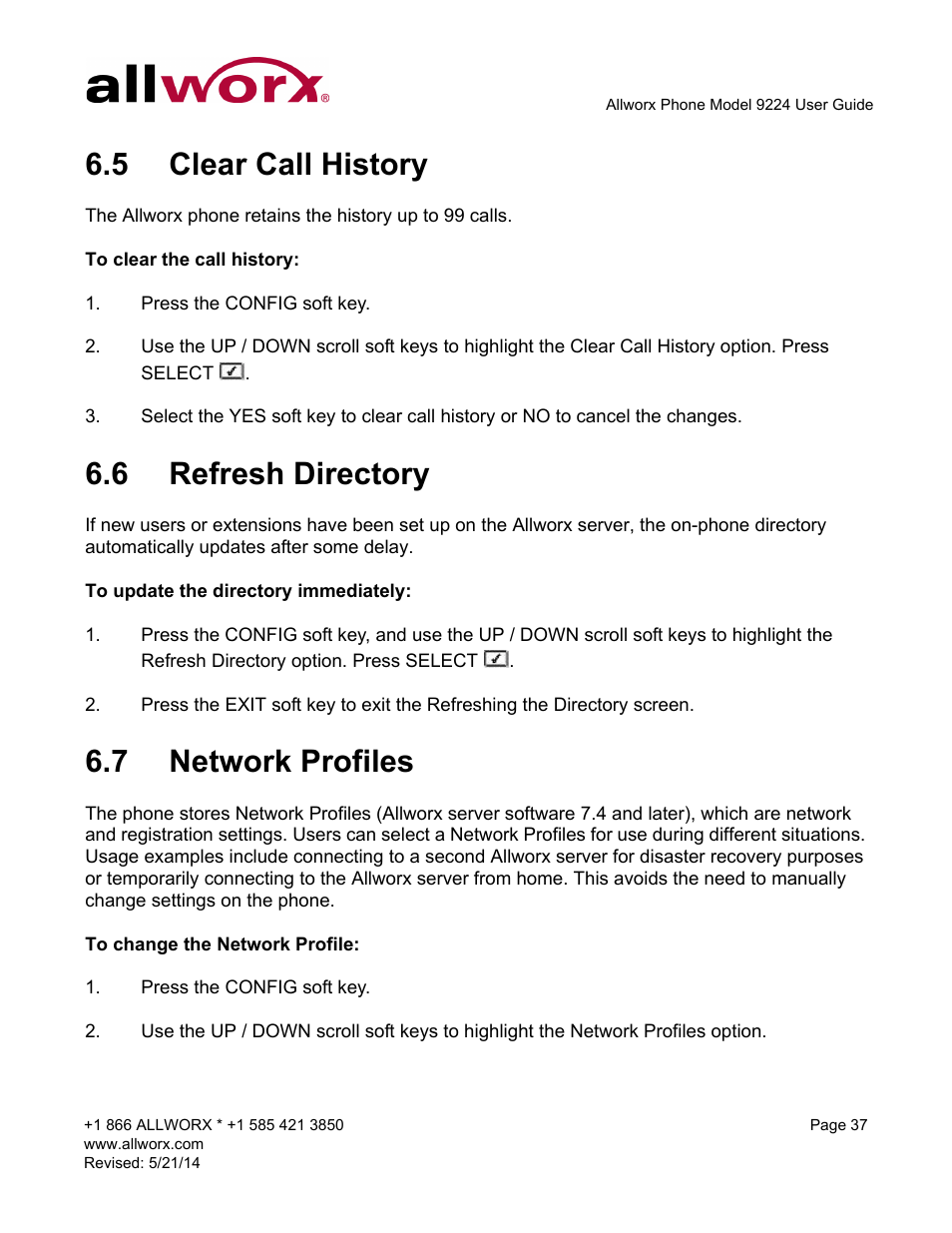 5 clear call history, 6 refresh directory, 7 network profiles | Allworx 9224 Phones User Manual | Page 45 / 52