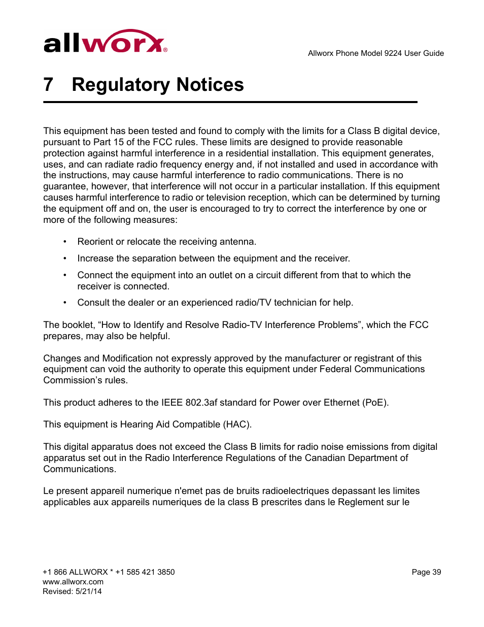 7 regulatory notices, Regulatory notices | Allworx 9224 Phones User Manual | Page 47 / 52