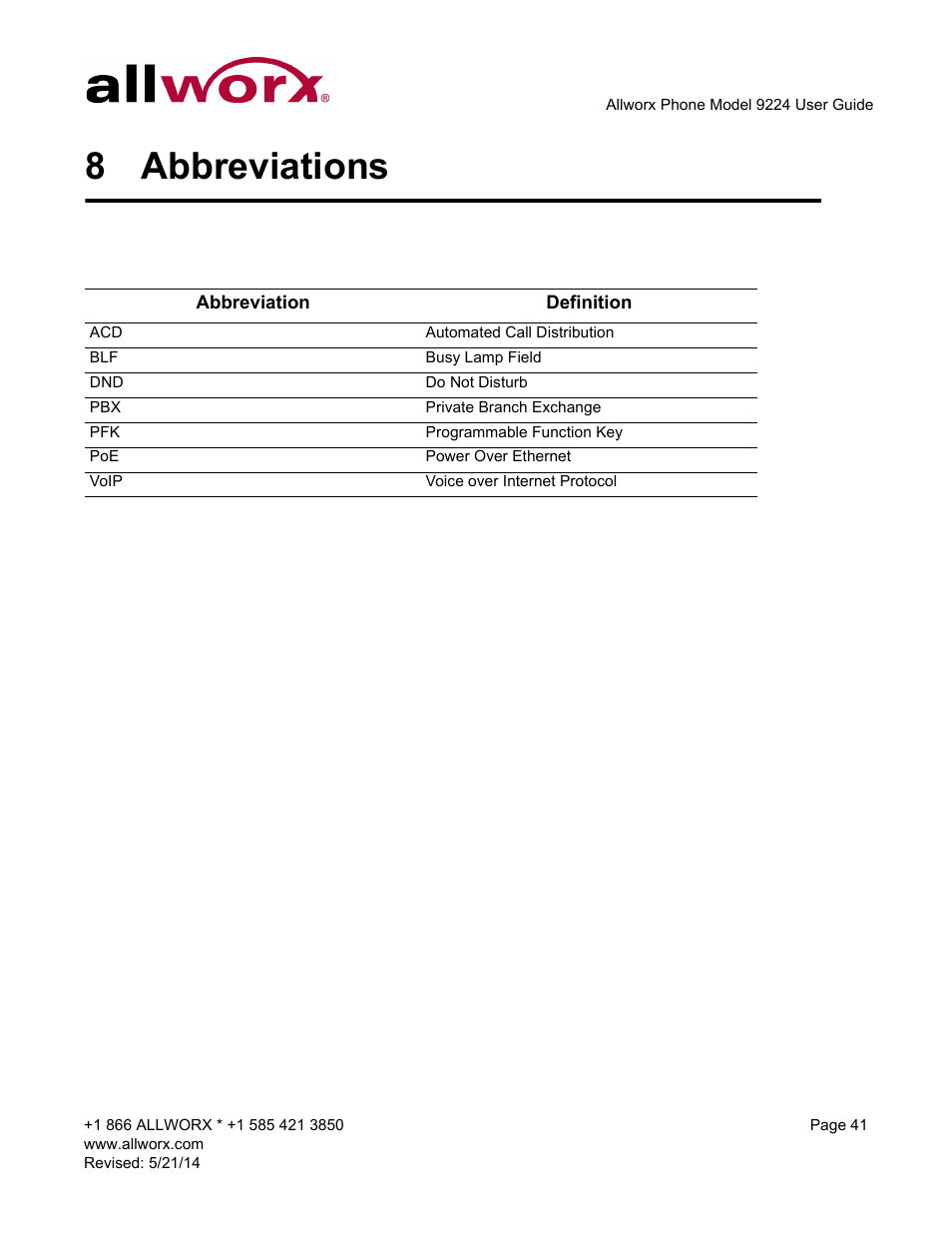 8 abbreviations, Abbreviations | Allworx 9224 Phones User Manual | Page 49 / 52