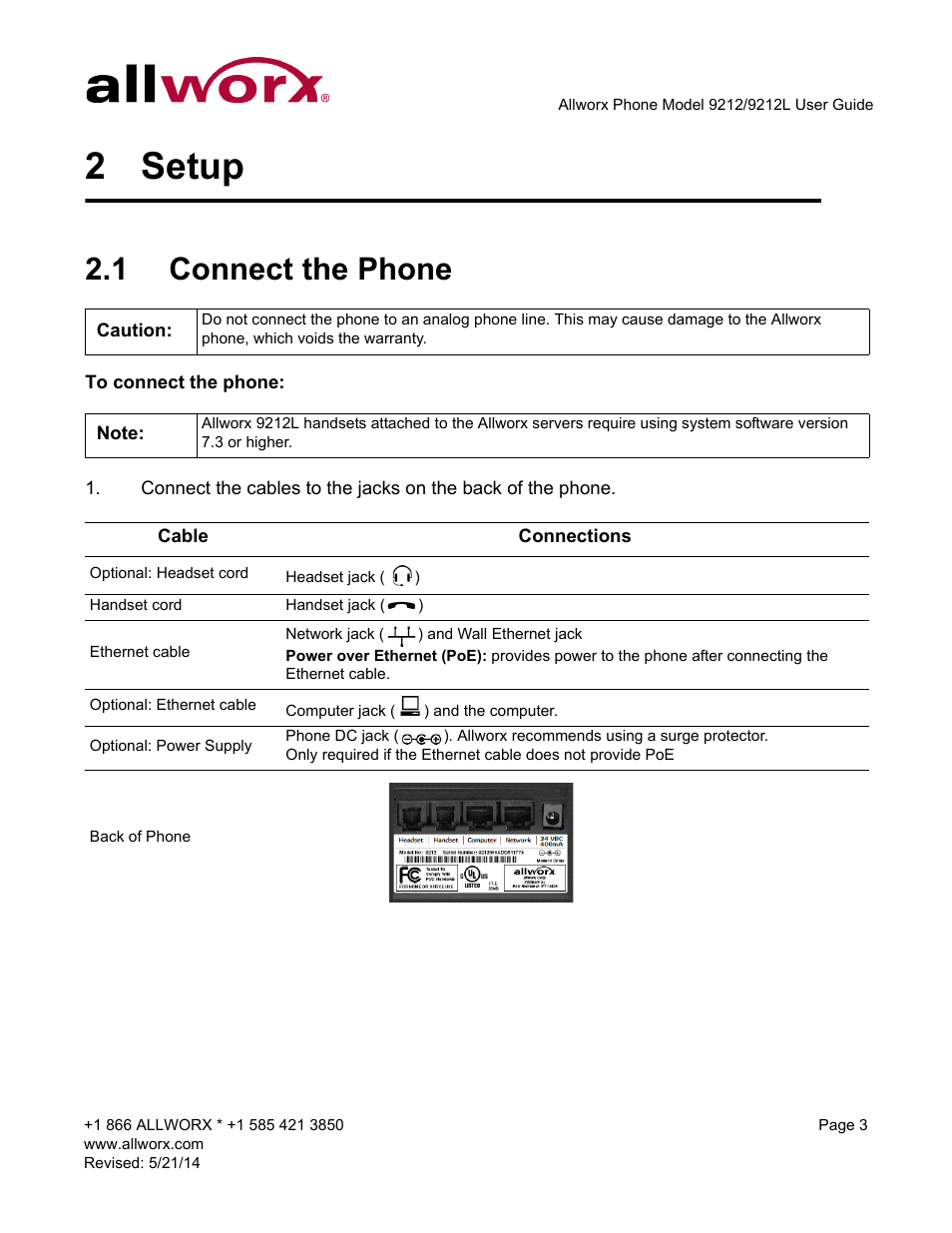 2 setup, 1 connect the phone, Setup | Connect the phone | Allworx 9212 Phones User Manual | Page 11 / 50